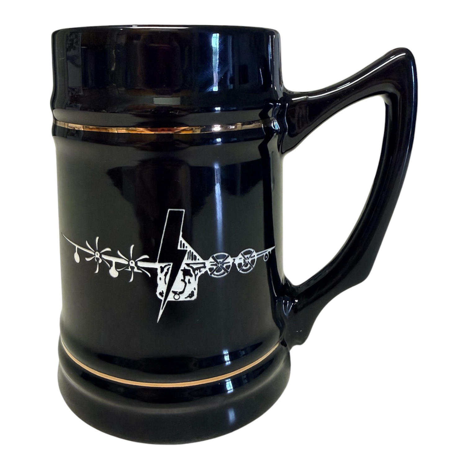 Reverse side of a black custom squadron stein with white aircraft artwork
