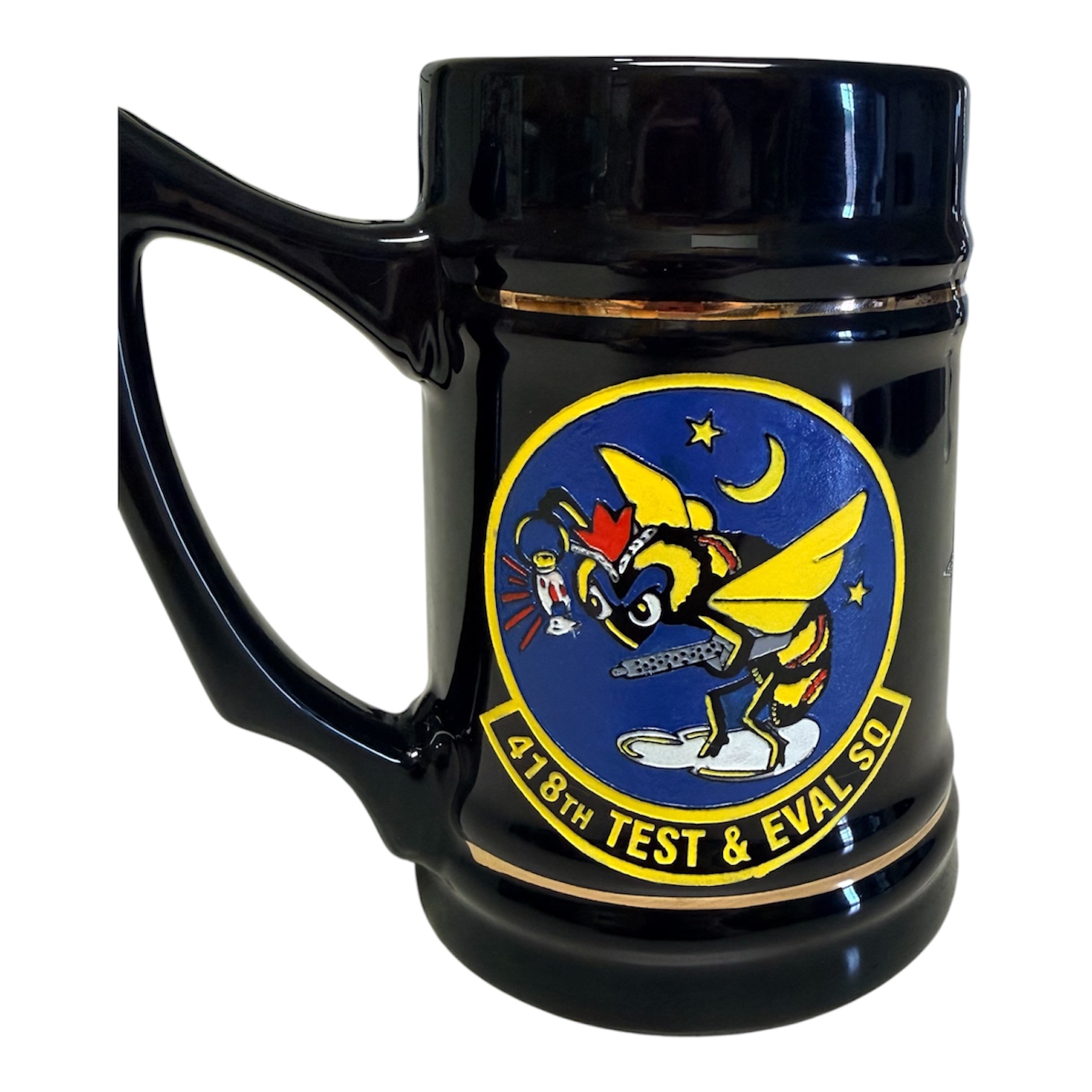 Black stein with detailed multi-color 418th Test and Evaluation Squadron emblem