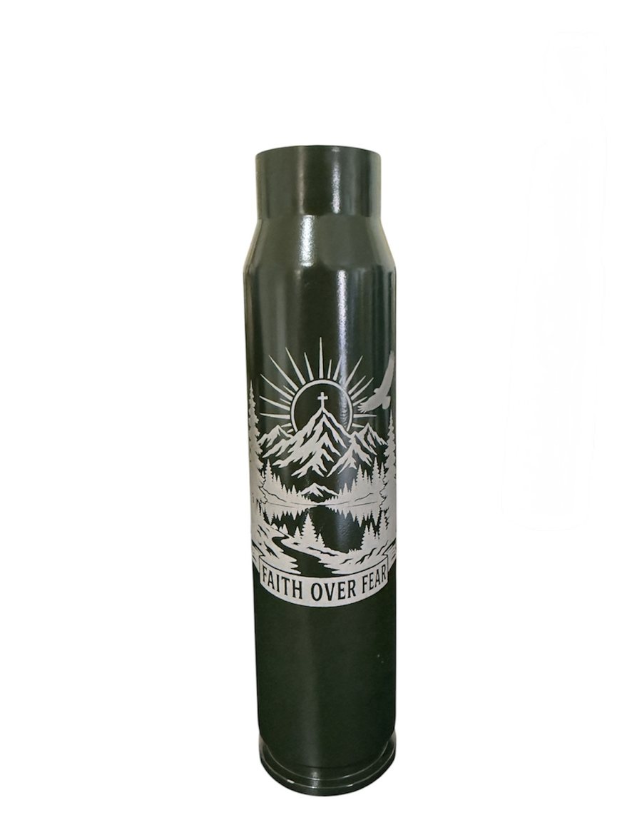 Dark green A-10 30mm shell engraved with a Faith Over Fear mountain design