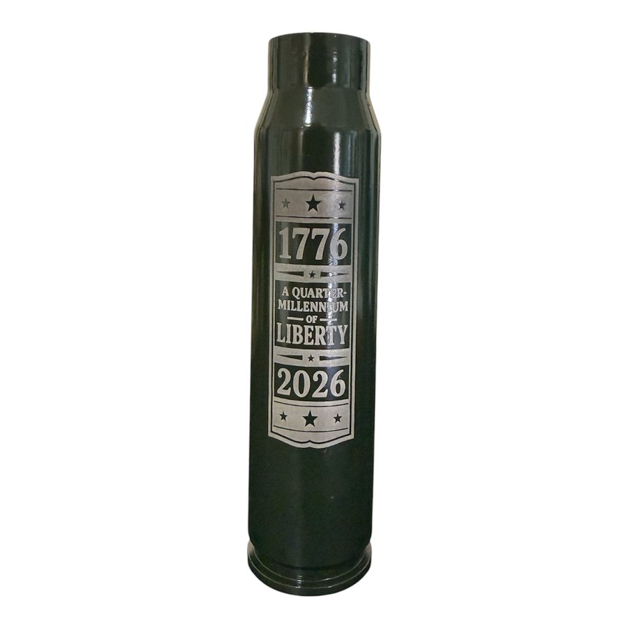 Green A-10 30mm shell engraved with 1776, liberty, and 2026 text