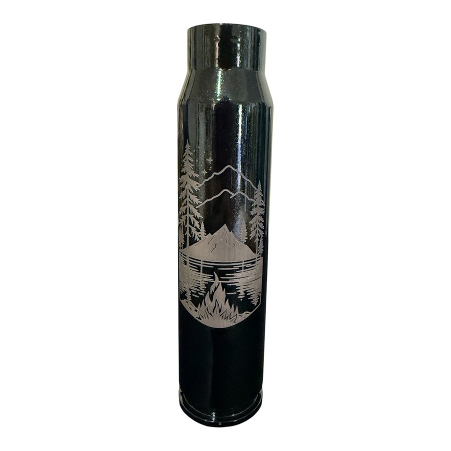 Dark A-10 30mm shell engraved with mountains, trees, water, and campfire artwork