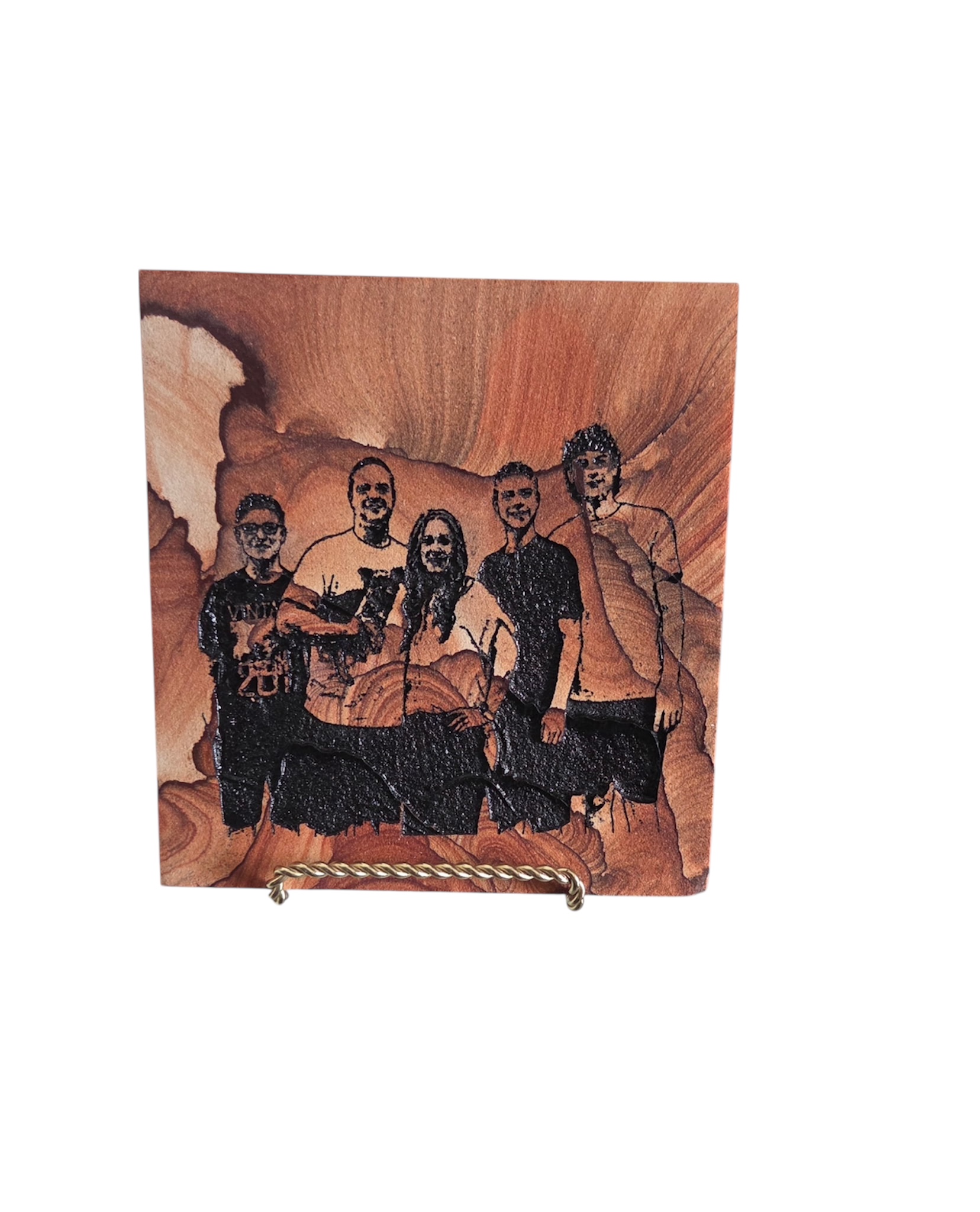 Custom family portrait engraved on Arizona sandstone with five people and a dog