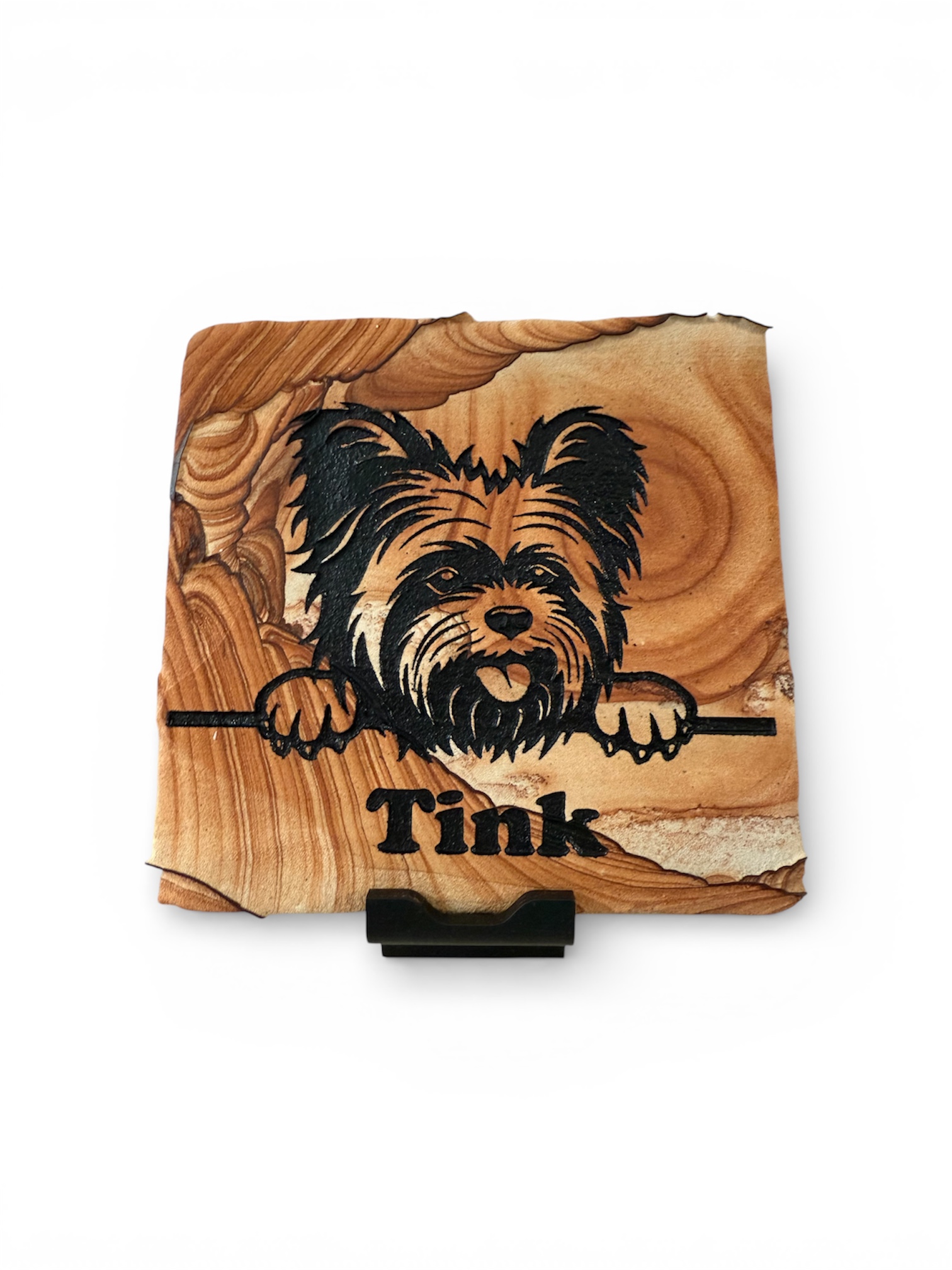 Custom pet portrait engraving on Arizona sandstone with the name Tink