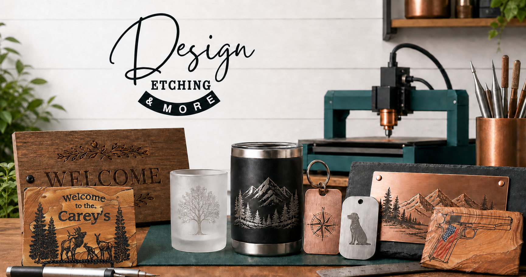 Engraved wood, glass, metal, and tumbler examples for Design Etching and More