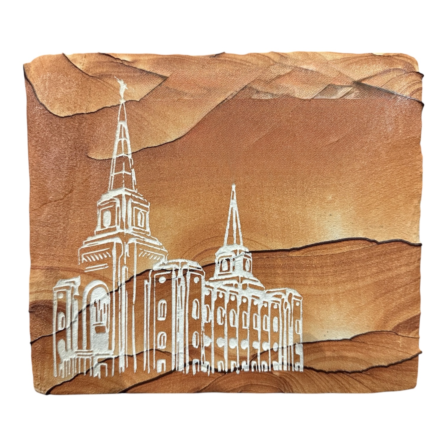 Architectural temple portrait engraved and color-filled on natural Arizona sandstone